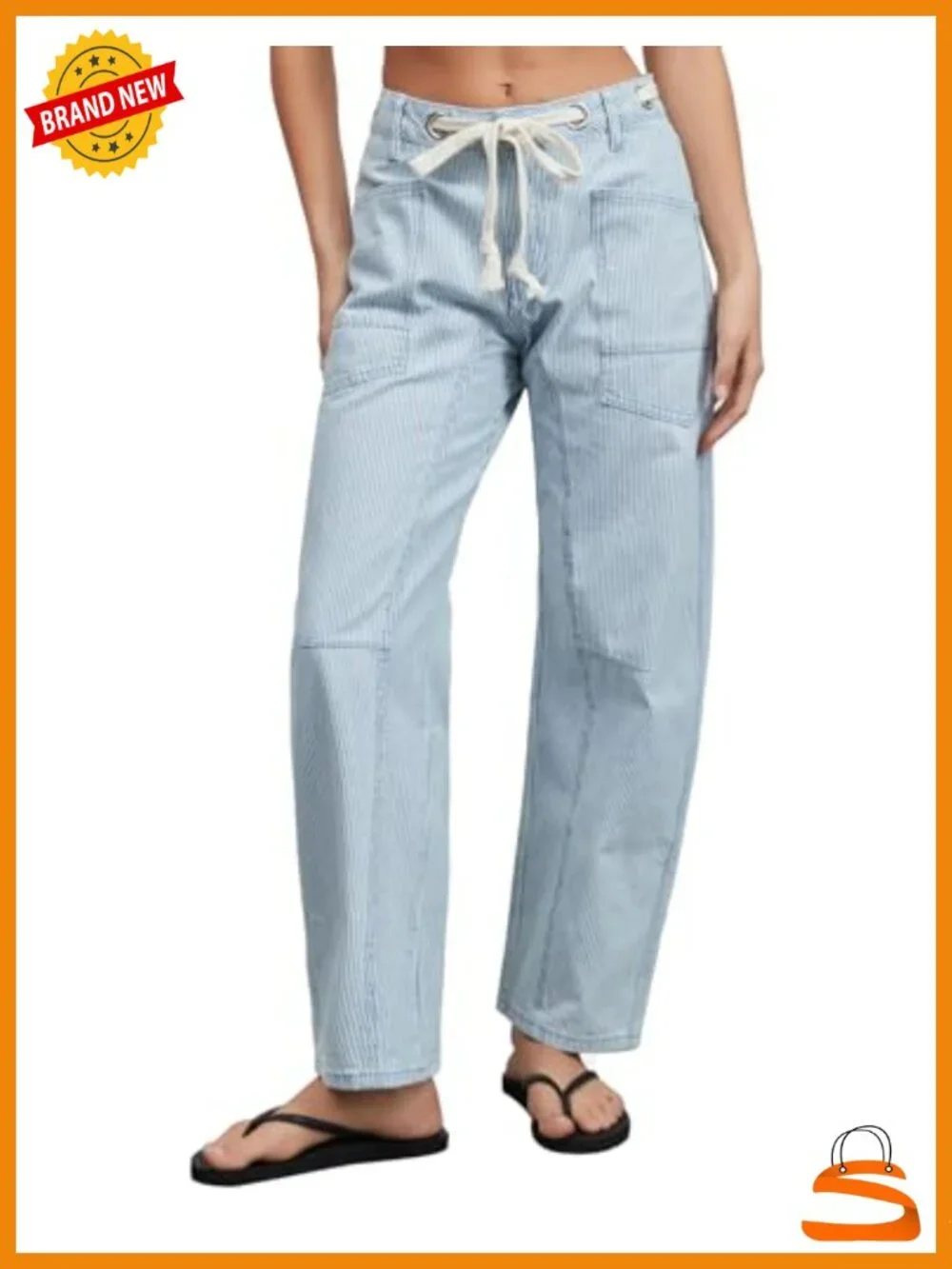 Striped Barrel Jeans Mid Rise Wide Leg Baggy Y2K Loose Drawstring Casual Pants